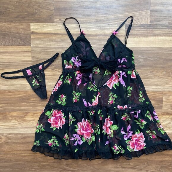 Betsey Johnson Intimates Floral Sheer Nightie Lingerie Dress and Thong Panty Set - Picture 12 of 16